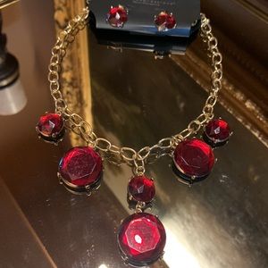 Short Ruby Red Crystal Circle Drop Necklace and Earring